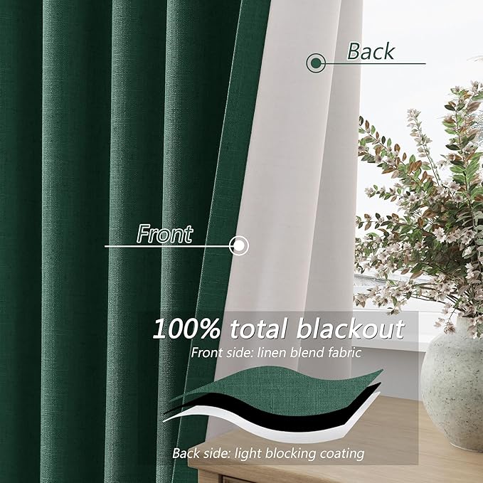 Guken Dark Green 100% Blackout Curtains 96 Inch Length 2 Panels Set for Living Room Bedroom Back Tab Thermal Insulated Black Out Linen Drapes Decor 52x96 Long