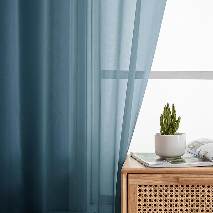 Simplebrand Dusty Blue Short Sheer Kitchen Curtains 36 Inch Length Tier Rod Pocket Cafe Drapes Half Window for Bathroom Small Windows 42 x 36 Inch, 2 Panels