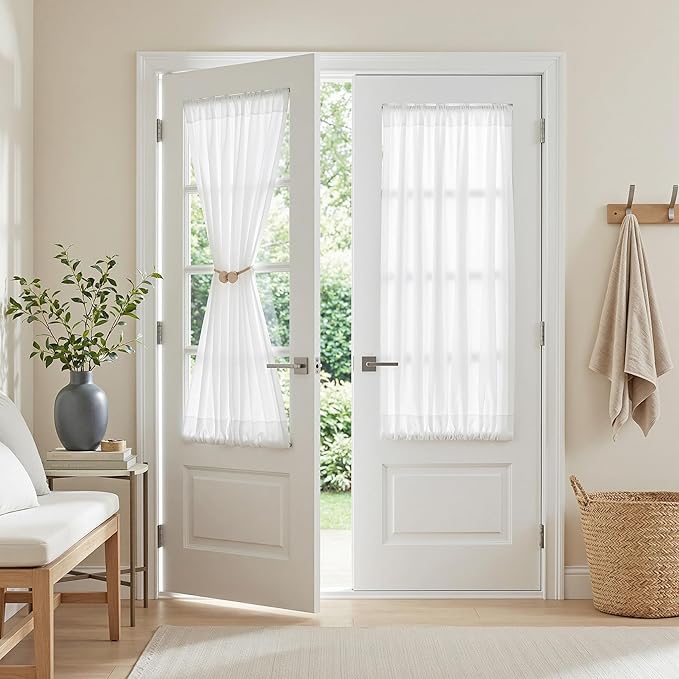 MYSKY HOME White French Door Curtains for Door Window 40 Inch Length 2 Panels Semi Sheer Light Filtering Curtain for Glass Small Window Drapes Rod Pocket for Bedroom Bathroom, Pure White, 26" Wide