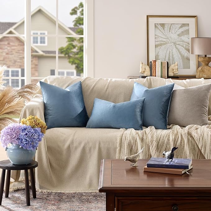 GIGIZAZA Decorative Throw Pillow Covers 24 x 24,Set of 2 Sofa Cushion Stone Blue Pillow Covers,Velvet Pillow Square Cushion Covers