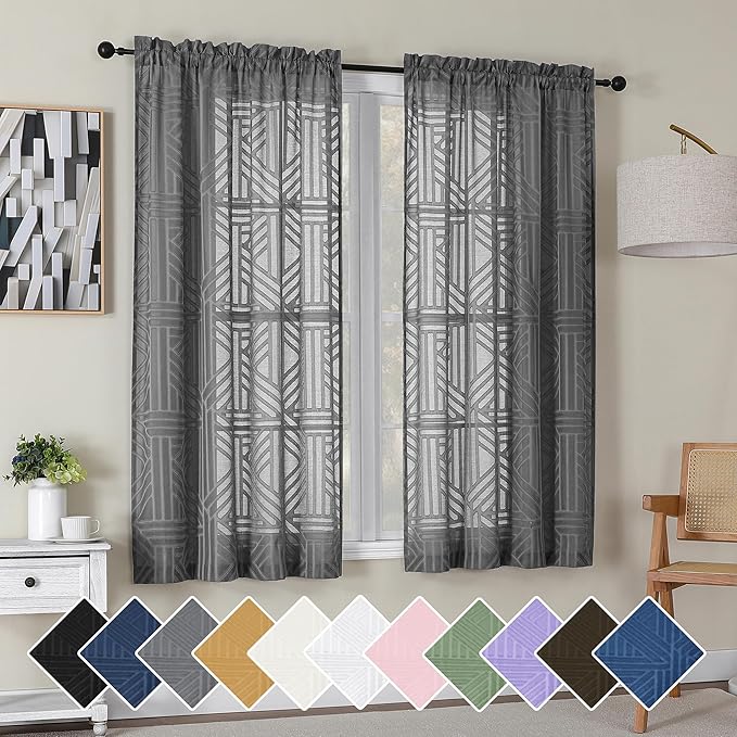 Simplebrand Grey Semi Sheer Curtains 63 Inch Length 2 Panels, Light Filtering Geometric Jacquard Clip Textured Short Sheer Curtains for Bedroom，Modern Elegant Window Curtains Drapes，42x63 inch