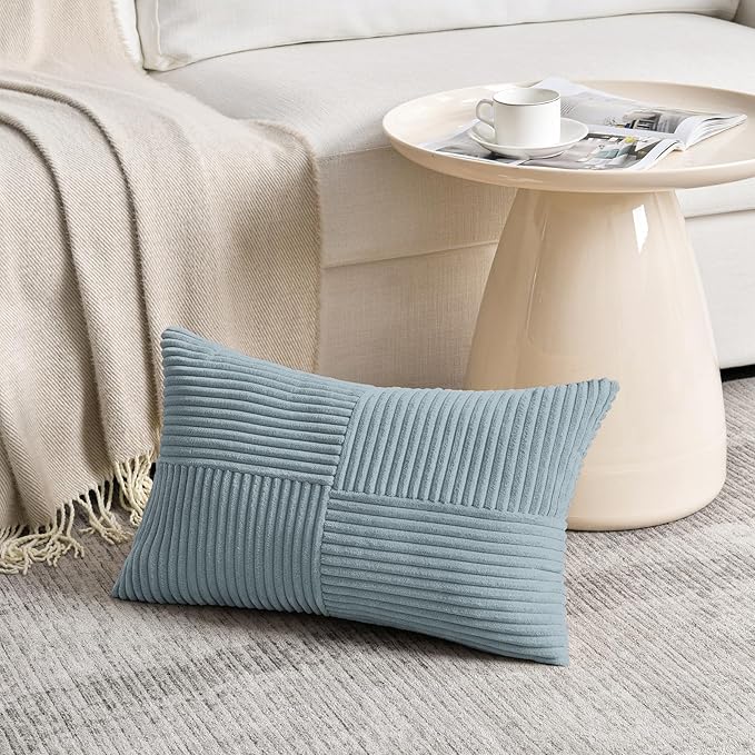 Fancy Homi Set of 2 Light Blue Lumbar Decorative Throw Pillow Covers 12x20 Inch for Living Room Bedroom Couch Bed Sofa, Soft Striped Corduroy Coastal Blue Rectangle Accent Cushion Case 30x50 cm