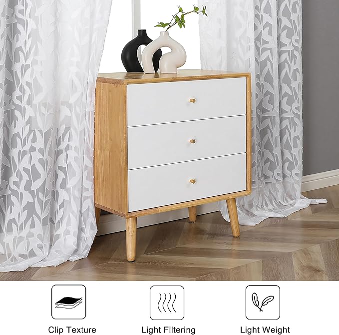 Lecloud Leia White Sheer Curtains 84 Inches Long 2 Panels, Semi Sheer Jacquard Clip Leaves Texture Dual Rod Pockets Living Room Curtains, Airy Gauzy Drapes for Bedroom, 38x84 Inch