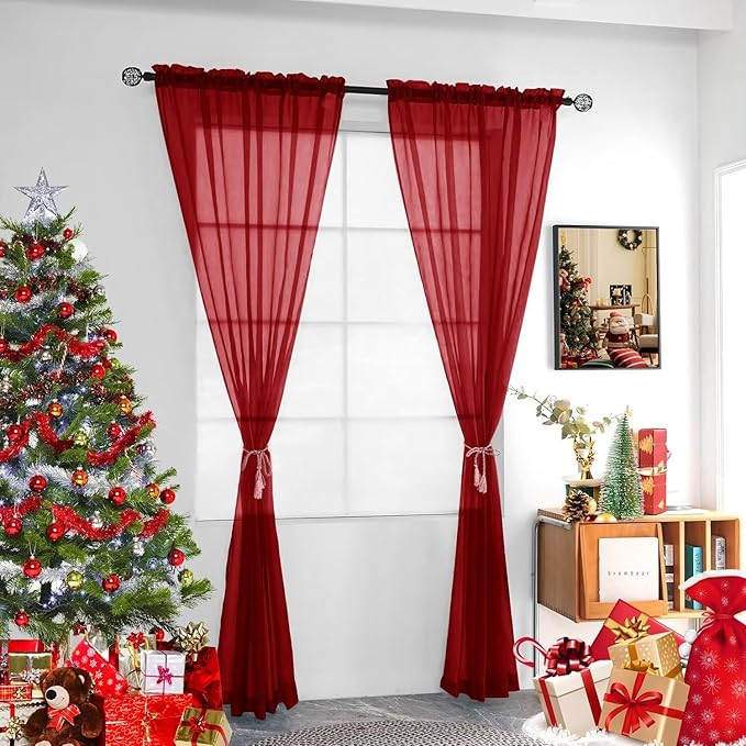 Youleyar Solid Sheer Rod Pocket Curtain Voile Draperies 4 Panels White Beige Black Grey Ivory 52 Inch Width 108 Inch Long 1 Pair for Kitchen Bedroom Children Living Room Yard(Christmas Red,52 Wｘ108 L)