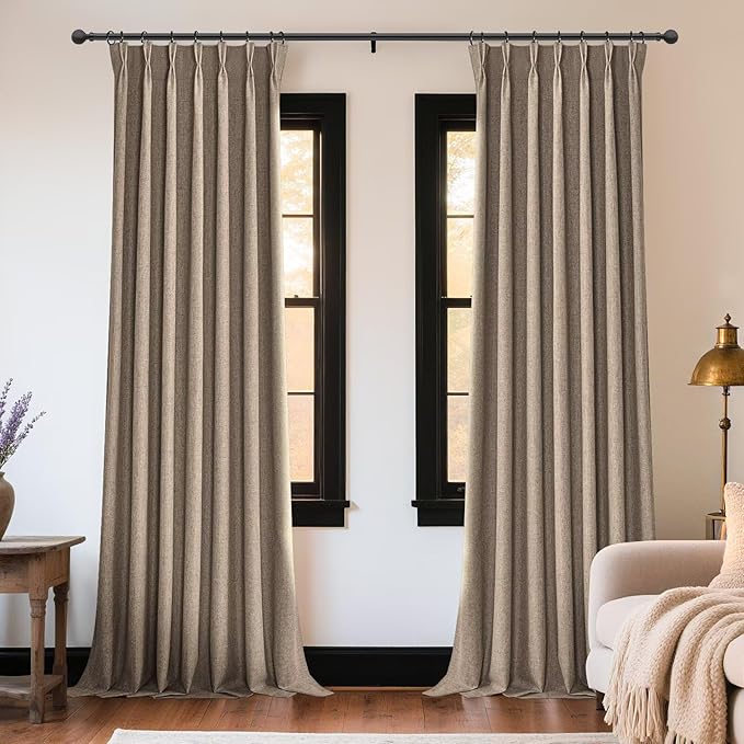 Joydeco Thick Linen Pinch Pleated Curtains 96 Inch Long 2 Panel Set for Living Room, Double-Faced Curtain for Bedroom, Back Tab Blackout Drapes with Adjustable Hooks (40”W x96”L,Thick Linen)