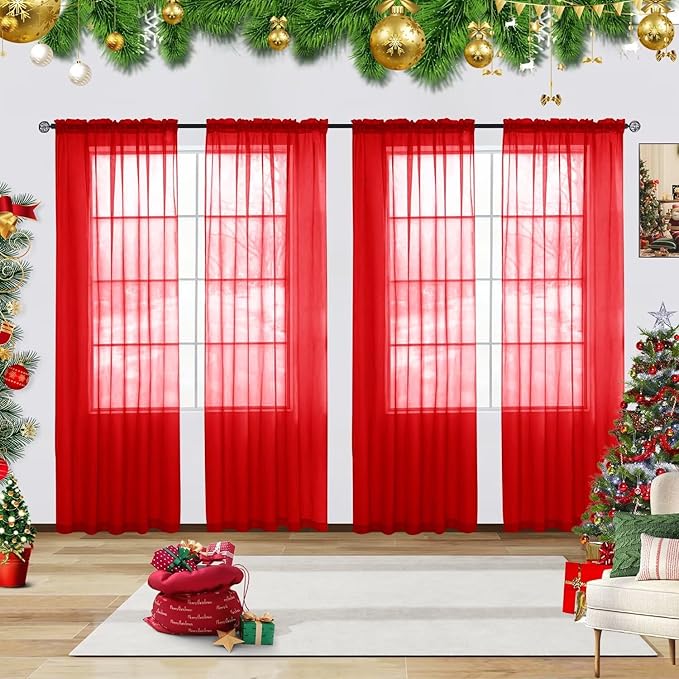 youleyar Solid Sheer Rod Pocket Curtain Voile Draperies 4 Panels White Beige Black Grey Ivory 52 Inch Width 108 Inch Long 1 Pair for Kitchen Bedroom Children Living Room Yard(Red,52 Wｘ108 L)