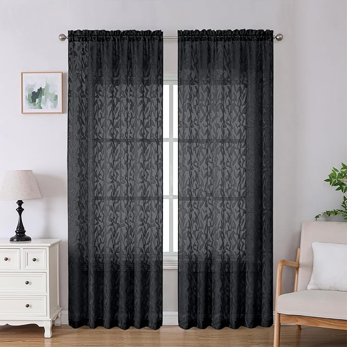 Lecloud Leia Black Sheer Curtains 90 Inches Long 2 Panels, Airy Leaf Textured Jacquard Drapes, Light Filtering & Privacy Dual Rod Pocket Window Curtains for Living Room Bedroom, 52" W x 90" L