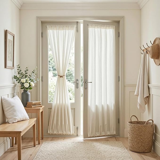 MYSKY HOME Natural French Door Curtains for Door Window 72 Inch Length Semi Sheer Light Filtering Curtain for Bedroom Window Glass Rod Pocket for Kitchen Dining Room, Beige White, 26" Wide,2 Panels