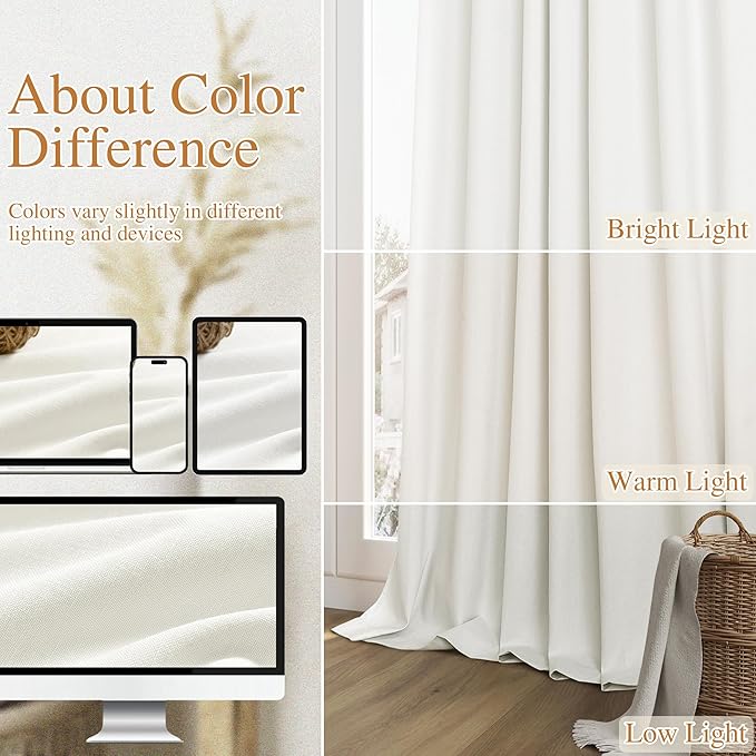 Guken 100% Blackout Linen Curtains 42 Inch Wide by 96 Inch 2 Panels Set for Living Room Bedroom Back Tab Thermal Insulated Black Out Linen Drapes Room Darkening Window Curtains, Ivory