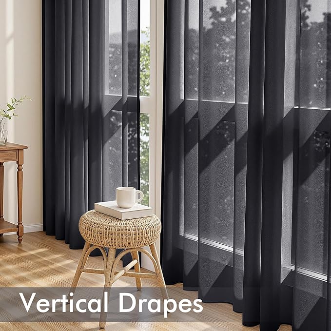 MIULEE Black Sheer Curtains 96 Inches Long, 4 Panels Set, Light Filtering Halloween Rod Pocket Voile Drapes for Living Room and Bedroom, Airy Soft Fabric Window Treatments, 54 x 96 Inches