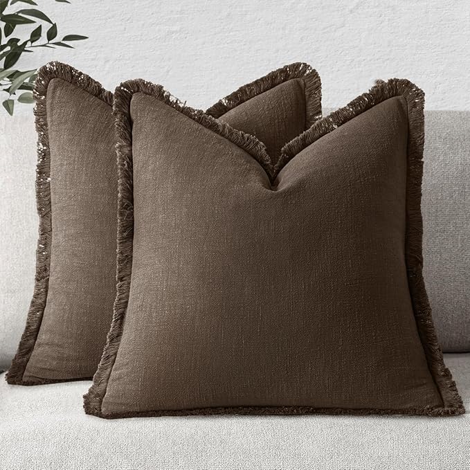 MIULEE Decorative Throw Pillow Covers Neutral Linen Fringe Throw Pillows Euro Shams Set of 2 Chocolate Brown Boho Farmhouse Cushion Covers for Couch Sofa Bed Living Room Spring Home Decor 22x22 Inch