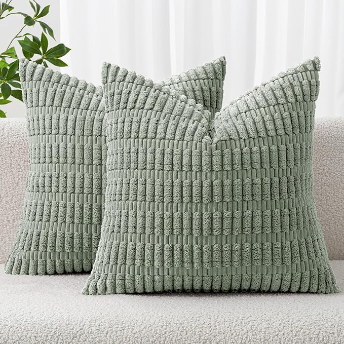 MIULEE Pack of 2 Spring Corduroy Decorative Throw Pillow Covers 16x16 Inch Soft Boho Striped Pillow Covers Modern Farmhouse Home Decor for Summer Sofa Living Room Couch Bed Greyish Green