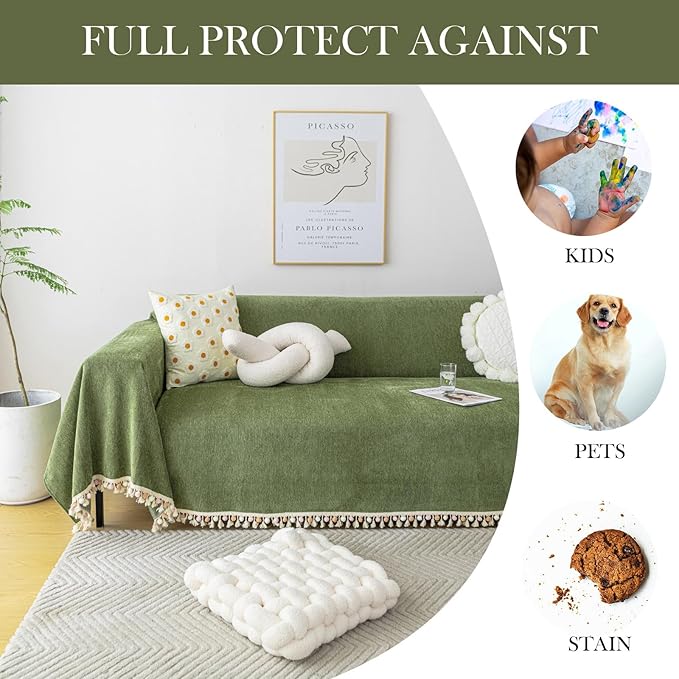 HANDONTIME Green Sofa Cover Vintage Couch Cover for Dogs 71" X134" Couch Cushion Covers with Tassel Herringbone Sofa Cover Boho Sofa Covers for 3 Cushion Couch Chenille Soft Loveseat Sofa Covers