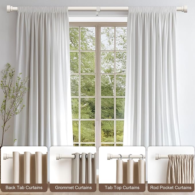 Lootkell Modern White Curtain Rods for Windows 28 to 48 Inches Adjustable Length Heavy Duty 1" Diameter Window Curtain Rod with Decorative Finials for Outdoor Bedroom Kitchen Living Room