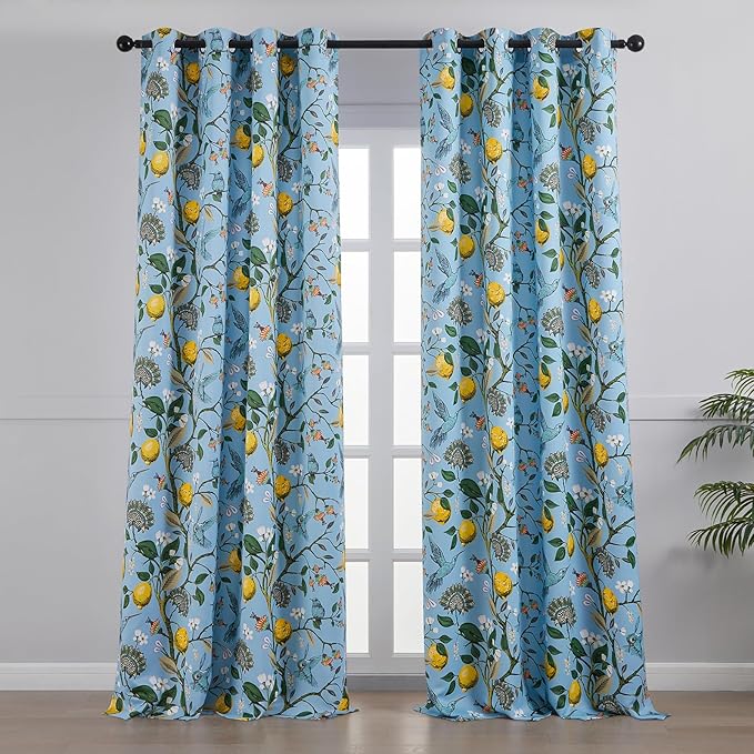 Topfinel Blue and White Patterned Aesthetic Pretty Curtains 84 Inches Long 2 Panels,Grommet Botanical Light Blue Floral Hummingbird Window Treatment for Living Dining Room Bedroom Playroom