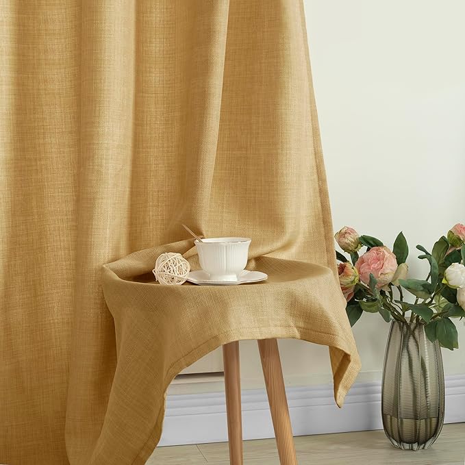 LAMIT Faux Linen Curtains for Bedroom, Grommet Thick Linen Drapes Light Filtering Privacy Sheer Window Burlap Curtains for Living Room, Set of 2 Panels (52 x 63 Inch, Caramel Brown)