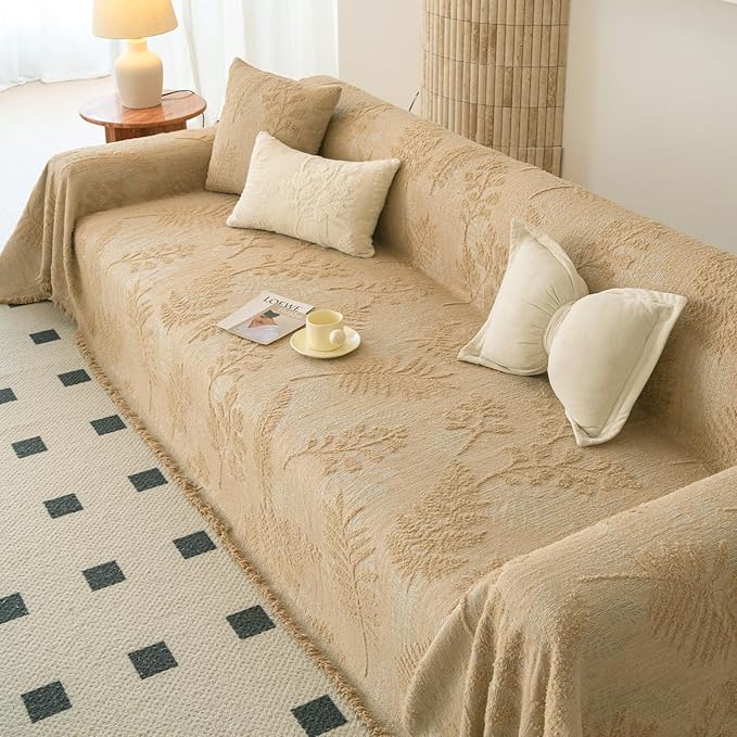 HANDONTIME Washable Couch Covers for Sofa Boho Couch Covers for 3 Cushion Sofa Pet Friendly Camel Chenille Jacquard Couch Protector for Dogs Plant Branch Sectional Cover Sofa Slipcovers, 71" X 134"