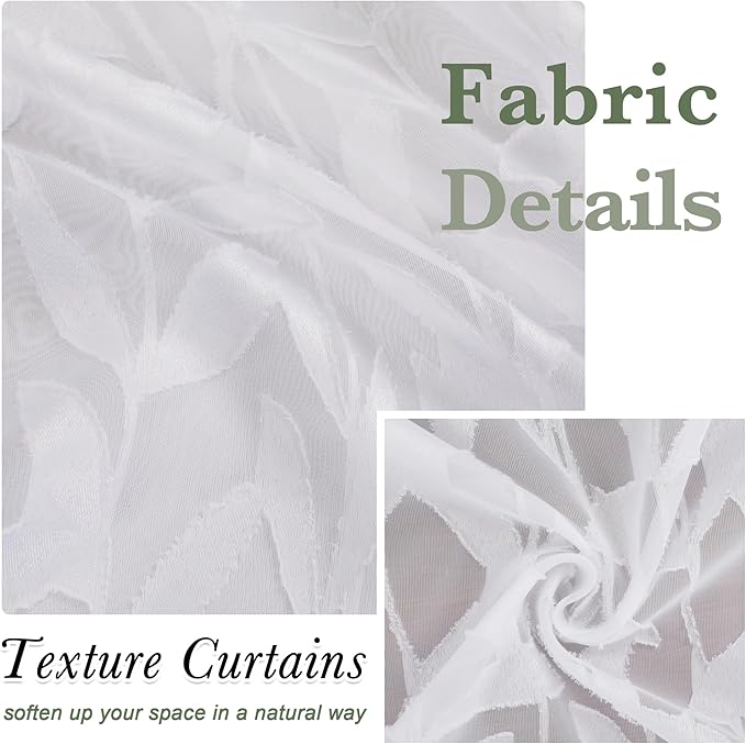 Lecloud Leia White Sheer Curtains 30 Inch Length 2 Pieces, Breathable Jacquard Texture Short Kitchen Curtains, Small Farmhouse Leaves Voile Drapes Dual Rod Pocket, 38 W x 30 L