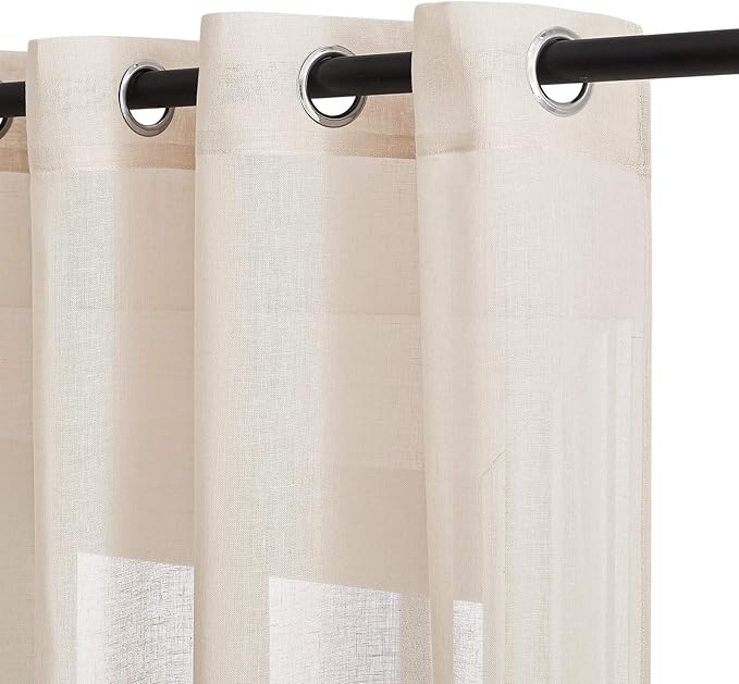NICETOWN Natural Open Linen Weave Flax Sheer Window Curtains, Ring Top Semi Sheer Textured Drapes Privacy with Light Through for Bedroom/Kids Room, Beige, 52" Wide by 63" Long, 2 Pieces