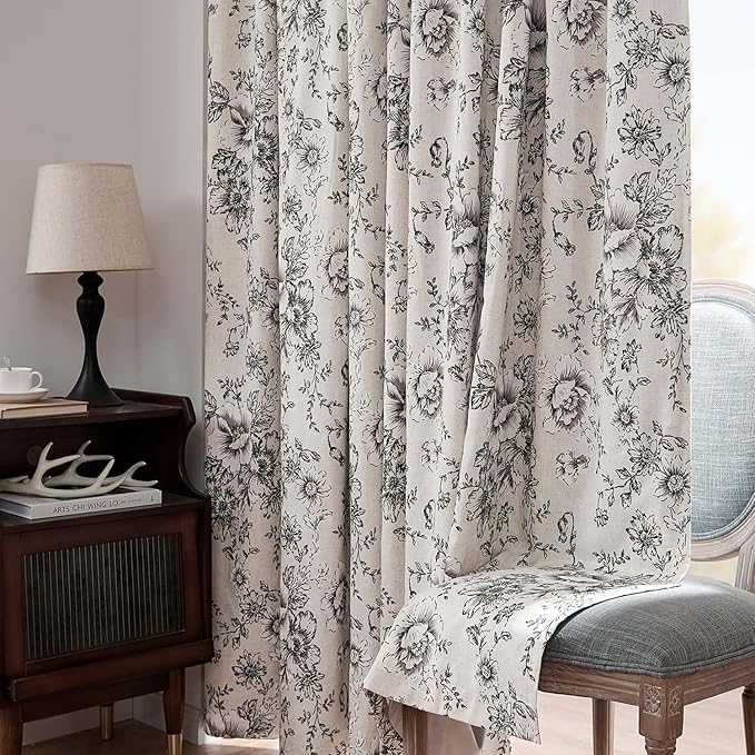 jinchan Blackout Floral Curtains for Living Room Bedroom Linen Blend Curtain Farmhouse Black Printed with Lined Back Tab Rod Pocket Drapes Window Treatments 2 Panels 96 Inch