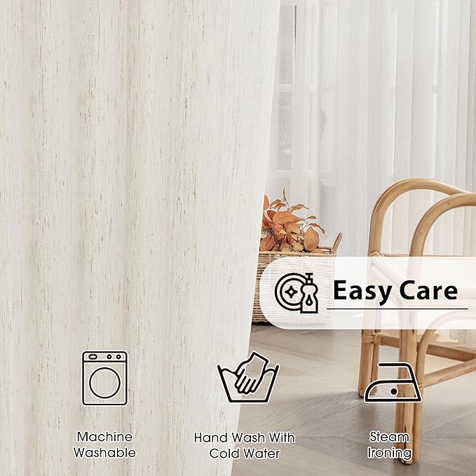 FMFUNCTEX Linen Sheer Curtains for Living Room, Beige Curtains 90 inches Long for Bedroom, Natural Flax Blend Window Draperies for Farmhouse Curtain, Rod Pocket 2 Panels