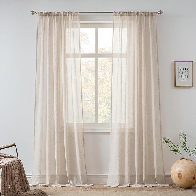 FMFUNCTEX Linen Sheer Curtains for Bedroom, Taupe Curtains 84 inches Long for Living Room, Brown Farmhouse French Flax Blend Window Draperies, Rod Pocket 2 Panels Set