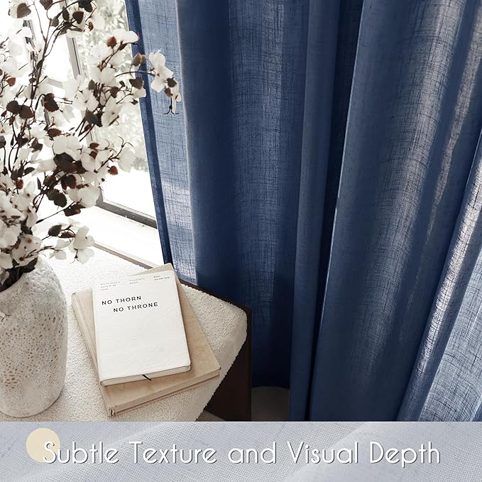 Navy Blue Curtains 120 inch Length for Bedroom Back Tab Light Filtering Semi Sheer Blue Living Room Curtains Linen Cotton Textured Indigo Blue Drapery Panel Modern Aesthetic Decor 60" Wx120" L