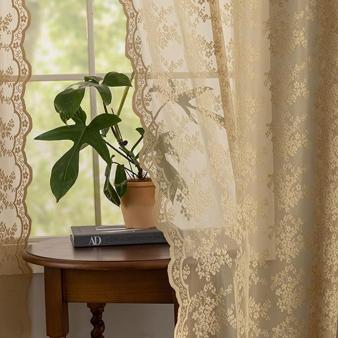 YJ YANJUN Vintage Lace Curtains 72 Inches Long-Victorian Floral Pattern Tan Sheer Curtain Panels for Living Room Bedroom,Light Filtering, Rustic Farmhouse Neutral Decor 2 Panels 52W x 72L Taupe