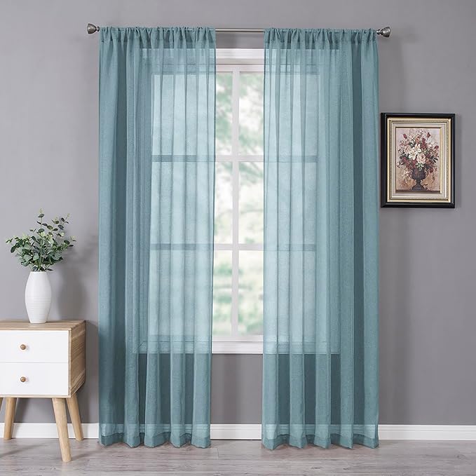 Tollpiz Sheer Curtains Bedroom Linen Textured Curtain Sheers Light Filtering Voile Rod Pocket Curtains for Living Room, 38 x 84 inches Long, Dusty Blue, Set of 2 Panels