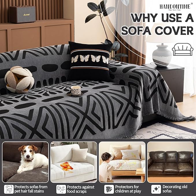 HANDONTIME Boho Couch Cover Blanket Geometric Striped Pet Covers for Couches and Sofas Dark Grey and Black Dog Cover for Couch Pet Friendly Chenille Sectional Sofa Covers for Pets Washable, 71" X150"