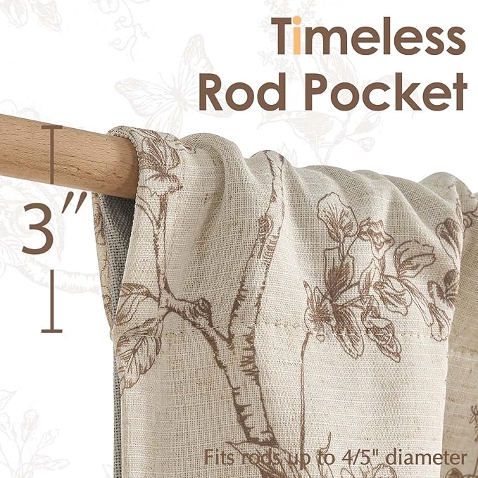 jinchan Floral Curtain Valance for Windows 16 Inch Linen Valance for Kitchen Living Room Rustic Cottage Farmhouse Flower Butterfly Curtain Rod Pocket 1 Panel Double Layer Blackout Taupe on Beige