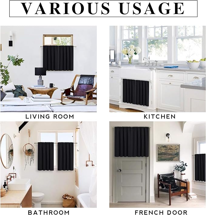 RYB HOME Short Blackout Curtains for Small Window, Sunmmer Heat Light Blocking Privacy Protection Curtains for Sunroom Laundry Room Stair Window, Width 52 by Length 36, Black, Set of 2