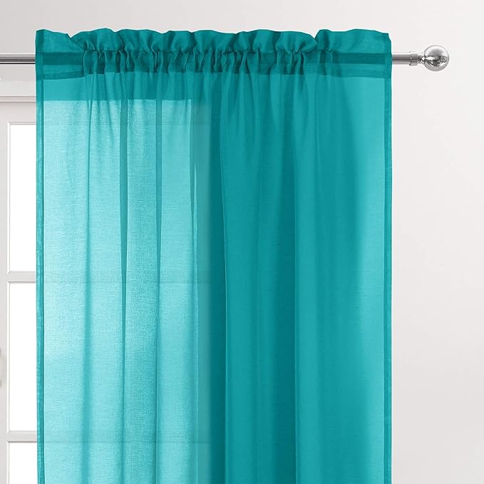 DWCN Turquoise Sheer Curtains Semi Transparent Voile Rod Pocket Curtains for Bedroom and Living Room, 52 x 54 inches Long, Set of 2 Panels