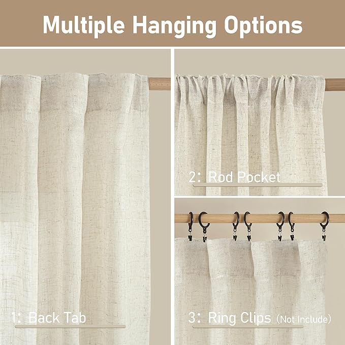 LAMIT Natural Linen Semi Sheer Curtains 63 Inch for Bedroom, Light Filtering Neutral Window Curtains Farmhouse Boho Back Tab and Rod Pocket Panels, Natural Cream Ivory, 2 Panels, 38 x 63 Inch