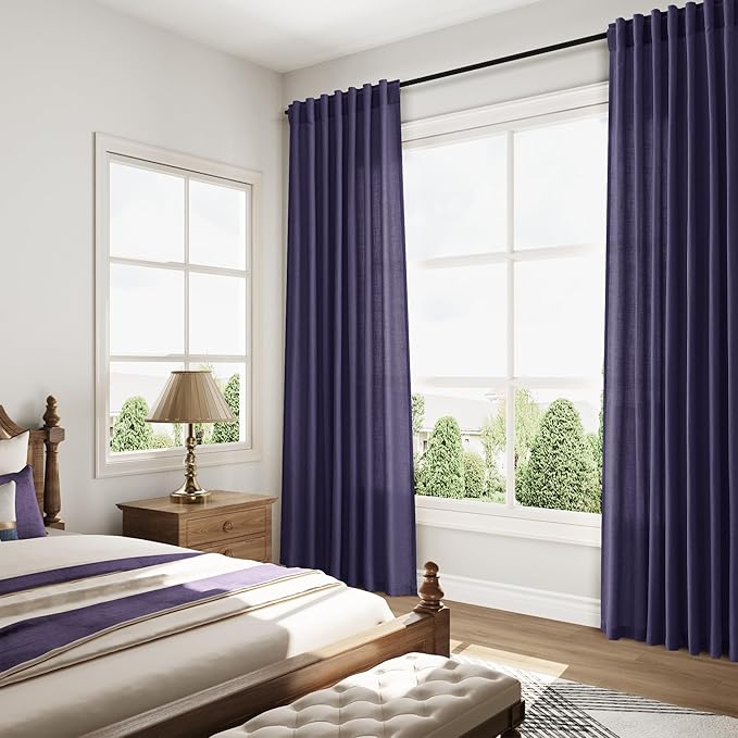 Nanspring Purple Linen Blend Light Filtering Back Tab Curtains 96 Inches Long, Semi Sheer Privacy Drapes for Living Room & Bedroom, 52x96 inch, 2 Panels