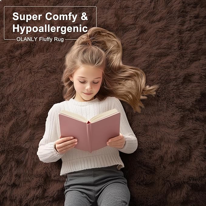 OLANLY 7x12 Machine Washable Large Area Rugs for Living Room, Bedroom, Soft Fluffy Shaggy Bedside Rug, Indoor Floor Carpet for Kids Girls and Boys, Dorms, Nursery, Home Decor Aesthetic, Coffee