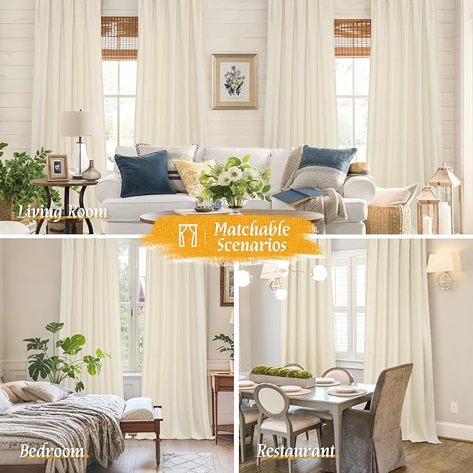 LAMIT Linen Curtains 72 inches Long for Living Room, Soft Thick Linen Privacy Light Filtering Rod Pocket Window Treatments Neutral Drapes for Bedroom, 2 Panels Set, 52 x 72 Inch, Light Beige