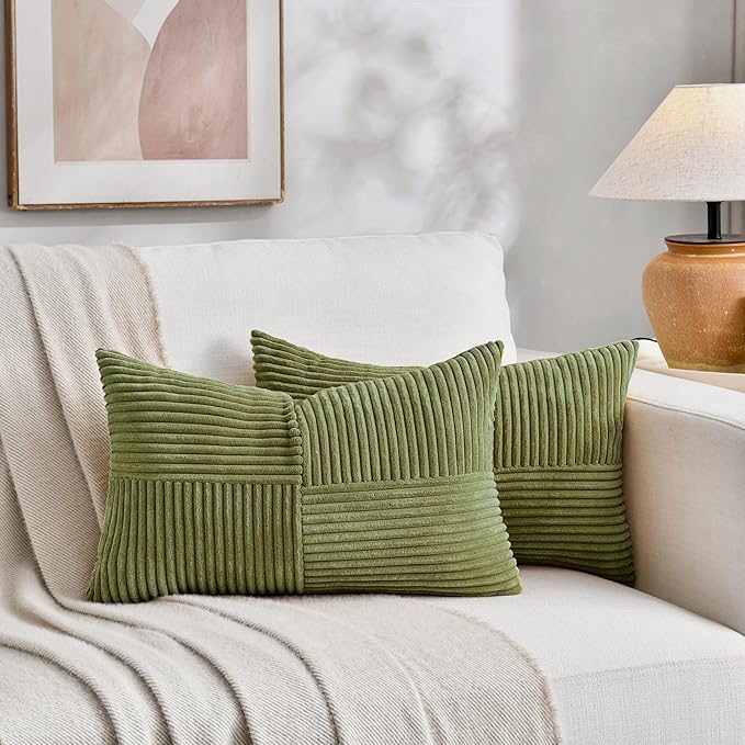 Fancy Homi 2 Packs Moss Green Long Lumbar Decorative Throw Pillow Covers 16x24 Inch for Couch Bed Sofa, Rustic Farmhouse Boho Home Decor, Soft Striped Corduroy Rectangle Accent Cushion Case 40x60 cm