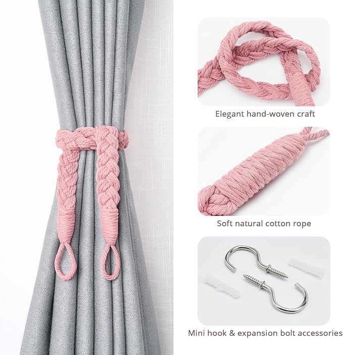 NICEEC 4 Pack Natural Cotton Rope Curtain Tiebacks Elegant Boho Style Decorative Drape Tie Backs Soft Hand-Woven Rope Curtain Holdbacks with Metal Hook for Home & Office Drapery (Pink)