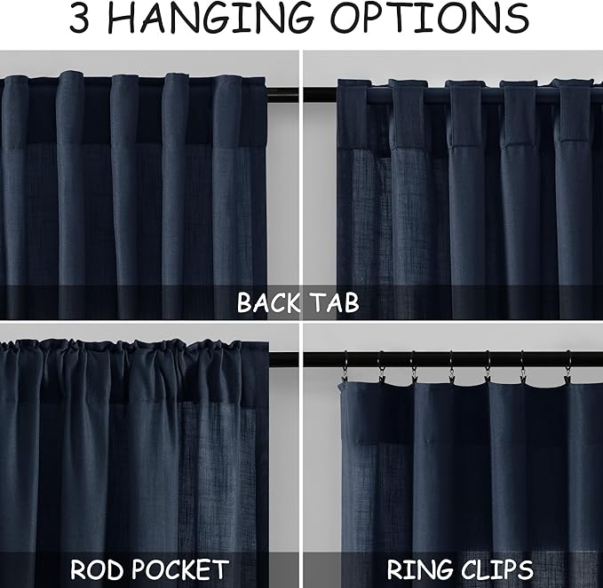 Linen Navy Blue Curtains 120 inch Extra Long for Living Room Back Tab Light Filtering Semi Sheer Drapes Modern Farmhouse Boho Decor Cotton Textured Curtain for Floor to Ceiling High Window 52x120