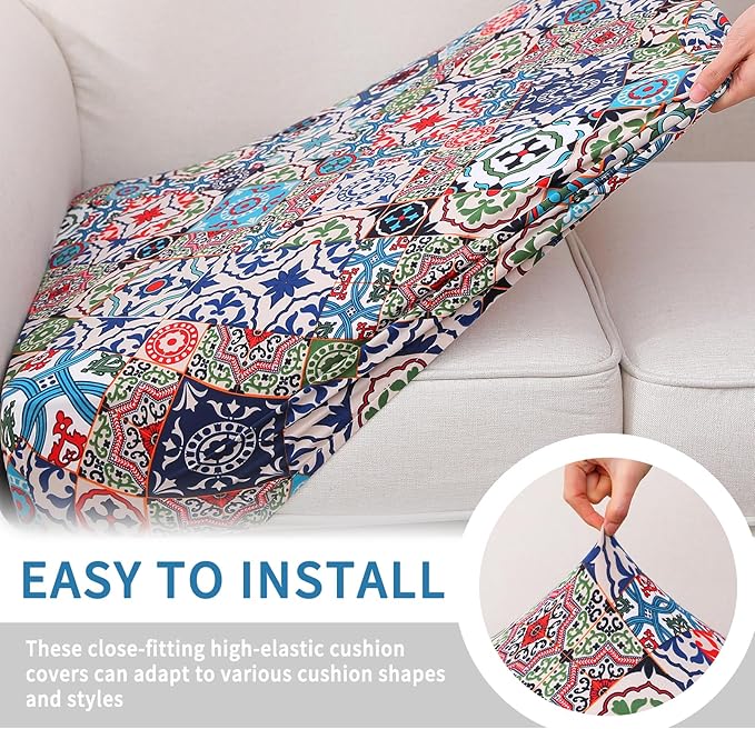 hyha Printed Couch Cushion Covers, Floral Sofa Covers Washable for 3 Cushion Couch, Stretch Pattern Outdoor Cushion Covers for Patio Furniture with Elastic Bottom(3 Packs, Patchwork Moroccan)