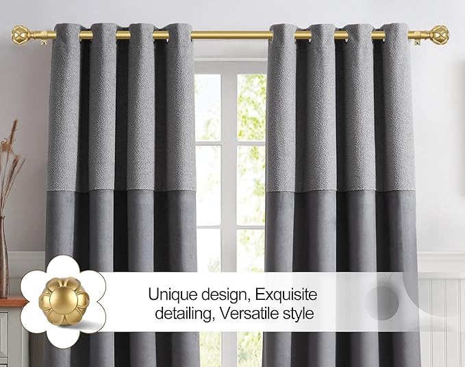 KAMANINA Curtain Rods for Windows 48 to 84 Inch, Gold Heavy Duty Curtain Rod Adjustable, 7/8 Inch Single Decorative Drapery Rod 32 to 86 Inch(2.6-7.1Ft), Netted Texture End