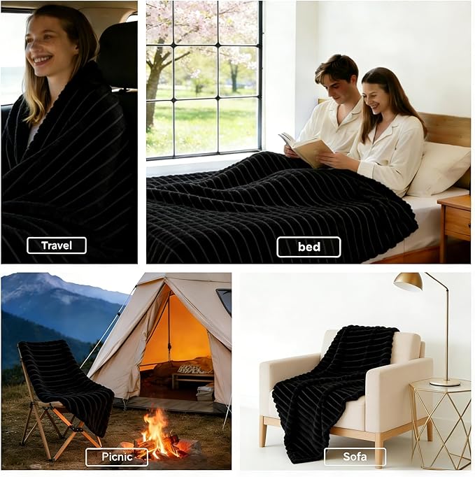 HIMEET Black Ribbed Queen Size Blanket for Bed - 300GSM Lightweight Fleece Blanket for Men Women, Large Cozy Sofa Couch Cover Bed Blankets Gifts, Striped Spring Home Room Decor, Black, 90x90 Inches