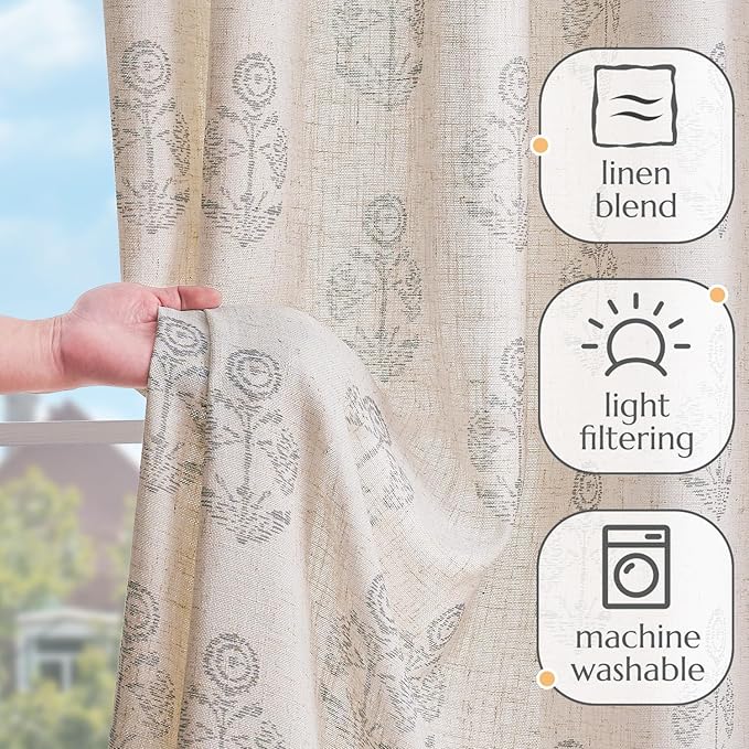 jinchan Linen Floral Curtains for Living Room 84 Inch Length Gray Flower Cottage Core Farmhouse Curtains Rod Pocket Back Tab Boho Semi Sheer Window Drapes Bedroom Set 2 Panels Grey on Beige