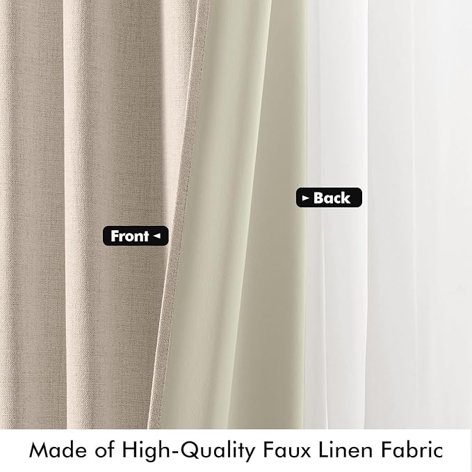 MIULEE 100% Blackout Linen Curtains for Bedroom, Natural Solid Luxury Decor Thermal Insulation Room Darkening Drapes for Living Room Nursery Back Tab Rod Pocket 42 x 90 Inches, 2 Panels