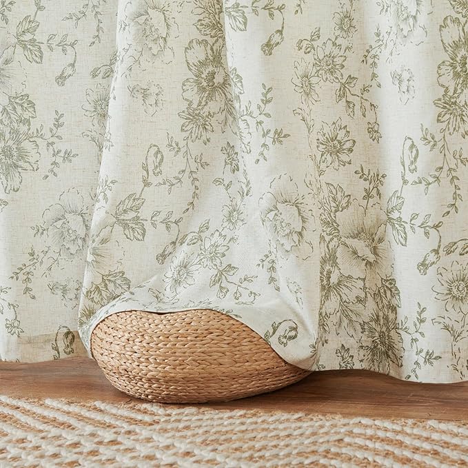 jinchan Linen Floral Curtains 100 Inch Extra Wide for Patio Sliding Glass Door Room Divider Curtain for Living Room 84 Inch Length Farmhouse Peony Green Printed Curtain Set 1 Panel