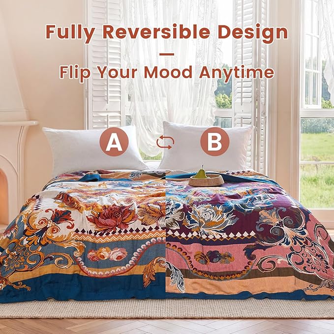 MSGKV Boho Throw Blanket 90"x90" Bed Floral 100% Cotton Blanket Spring Breathable Lightweight Queen Blankets All Seasons Home Decor Muslin