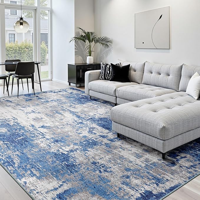 Washable Area Rugs 5'x7' Non-Slip Modern Abstract Soft for Living Room Entryway Bedroom Nursery, Print Pattern, Blue Grey Navy Gray