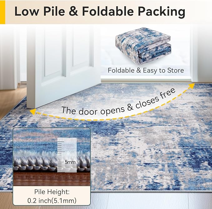 Washable Area Rugs 2'6'' x12 Non-Slip Modern Abstract Soft for Living Room Entryway Bedroom Nursery, Print Pattern, Blue Grey Navy Gray