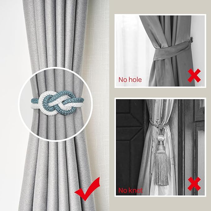 NICEEC 4 Pack Mini Magnetic Curtain Tiebacks Nordic Simple Style Drape Tie Backs Elegant Hand Weave Rope Knot Decorative Curtain Holdbacks for Home & Office Thin Window Drapery (Teal & White)